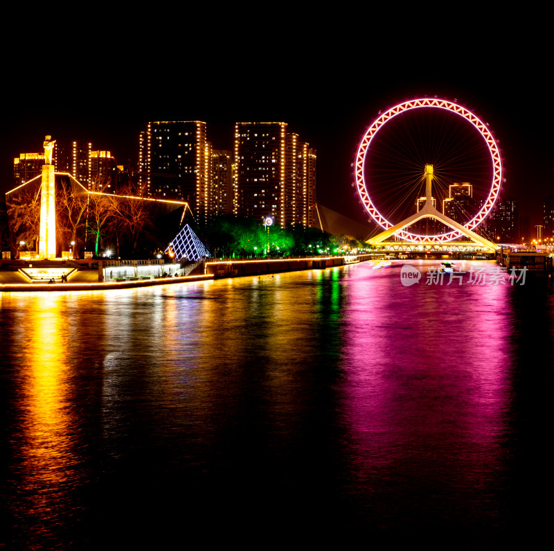 天津海河风情天津之眼摩天轮城市夜景风光