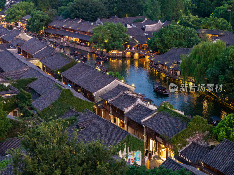 浙江嘉兴桐乡乌镇西栅景区江南水乡航拍夜景