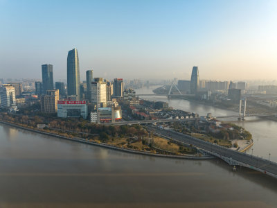 浙江宁波CBD城市光影日出夜景高空航拍