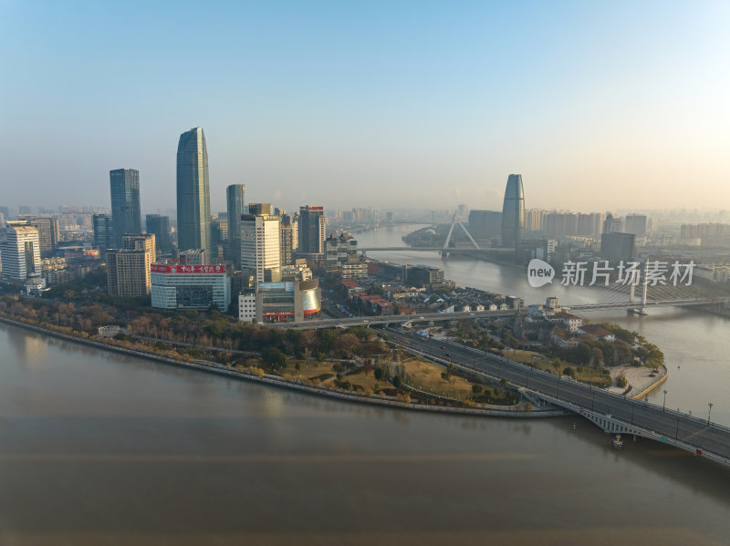 浙江宁波CBD城市光影日出夜景高空航拍