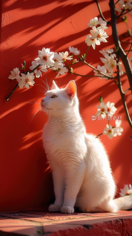 春日暖阳红墙白猫可爱猫咪晒太阳背景