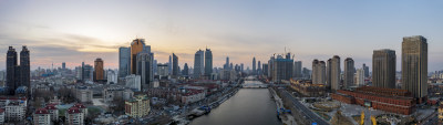 天津海河刘庄桥直沽桥日落城市建筑夜景航拍