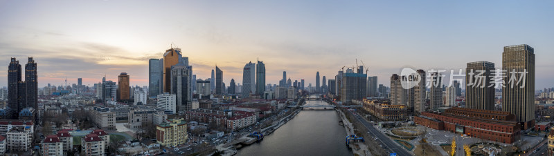 天津海河刘庄桥直沽桥日落城市建筑夜景航拍