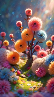 羊毛毛绒风格春天彩虹色的花草树木