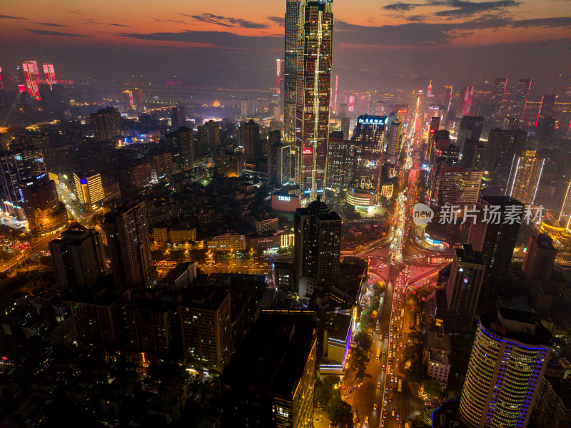 晚霞中的夜景湖南长沙航拍图