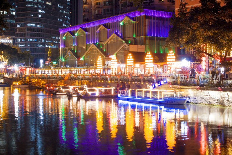 城市夜景建筑府河廊桥