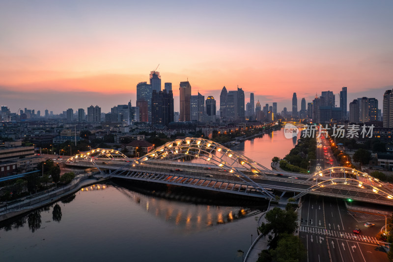 天津海河刘庄直沽桥日落城市建筑夜景航拍