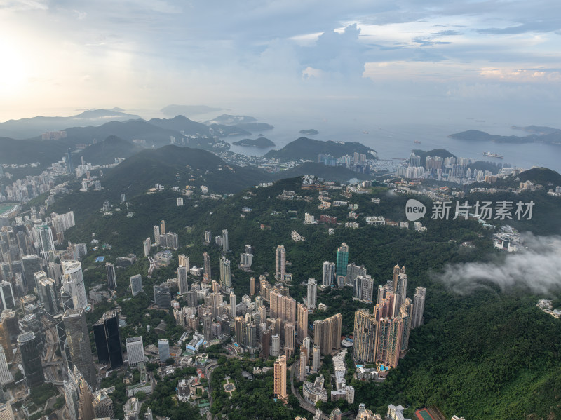 香港维多利亚港CBD中环夜景日出高空航拍