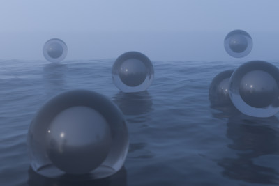 水面上漂浮的多个球体 三维渲染