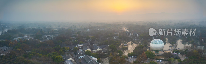 杭州西溪湿地公园秋天云雾航拍