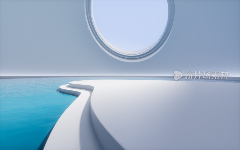 室内水面与圆形窗户3D渲染