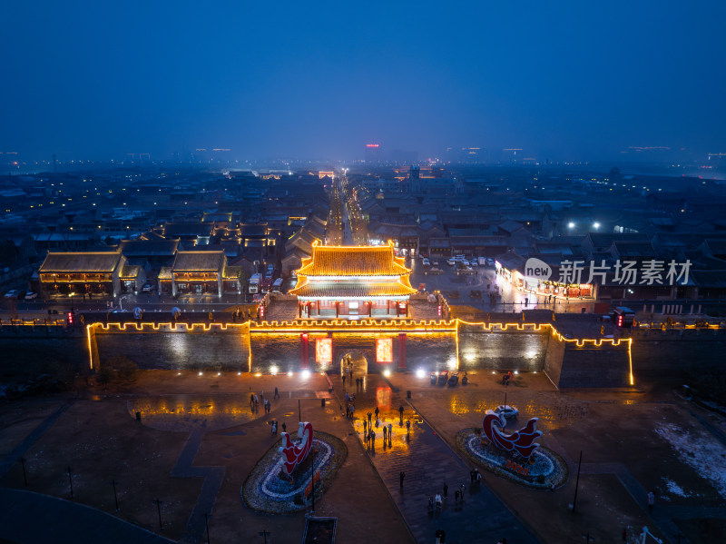 河南商丘古城雪景夜景航拍