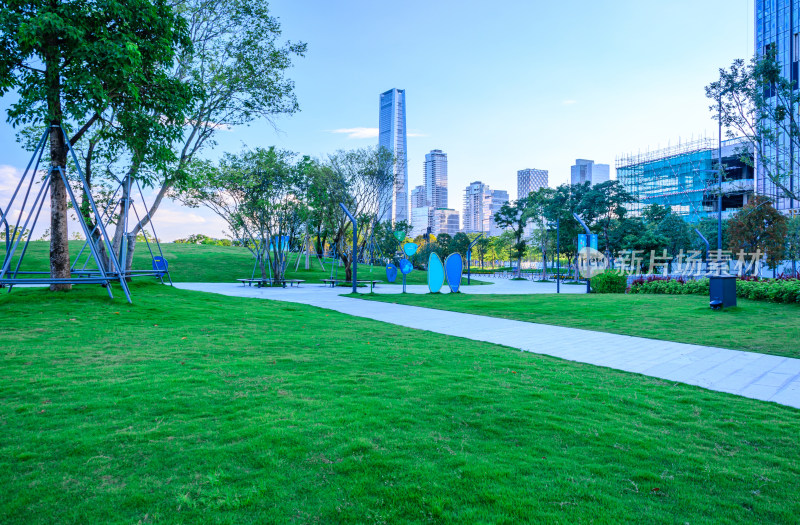 深圳人才公园绿色草坪树林与城市建筑