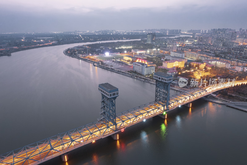 天津海河响螺湾海门大桥城市风光夜景航拍