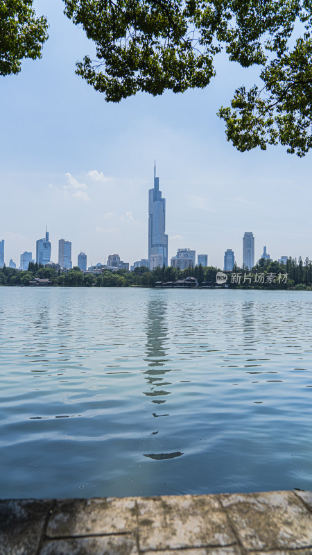 城市湖水边的高楼天际线景观