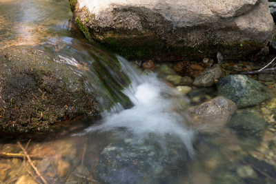 慢门拍摄夏季户外大山里流淌的溪流