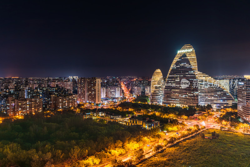 北京望京soho夜景全景鸟瞰