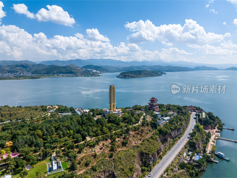 云南大理洱海罗荃半岛风景区罗荃塔航拍