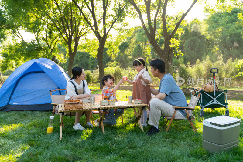 一家四口在露营地野餐开心干杯庆祝