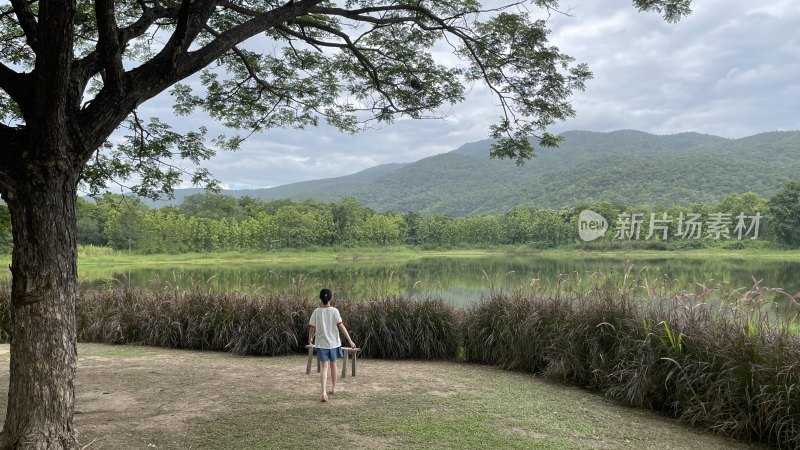 女孩湖边漫步自然风光场景