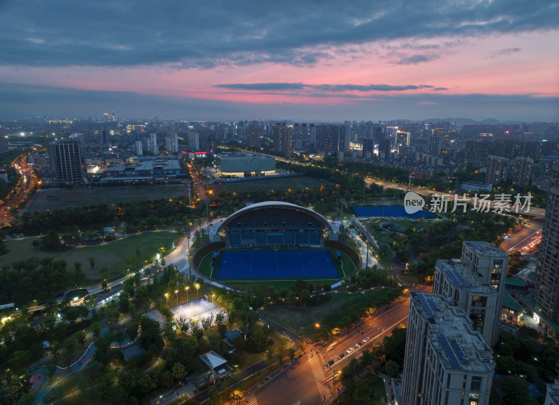 杭州拱墅运河体育公园城市夜景航拍