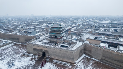 山西晋中平遥古城雪景航拍风景宣传