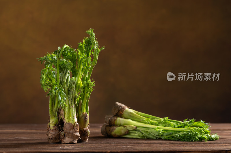 木桌上的新鲜山野菜