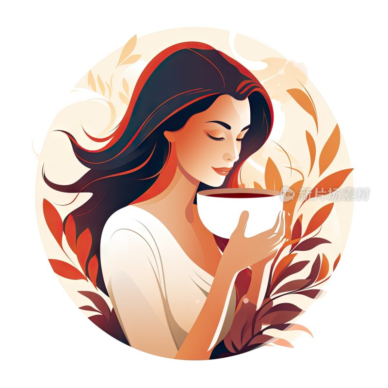 平面卡通插图，喝咖啡的女人