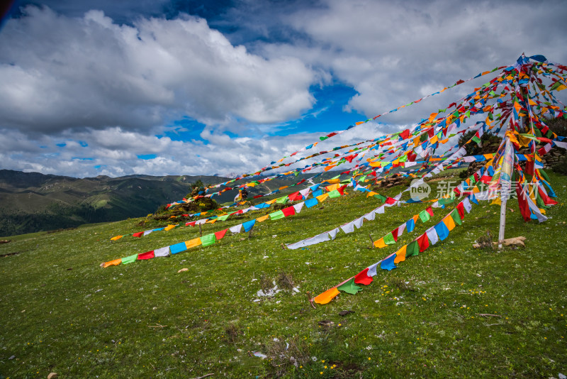 山顶上飘荡经幡风马旗