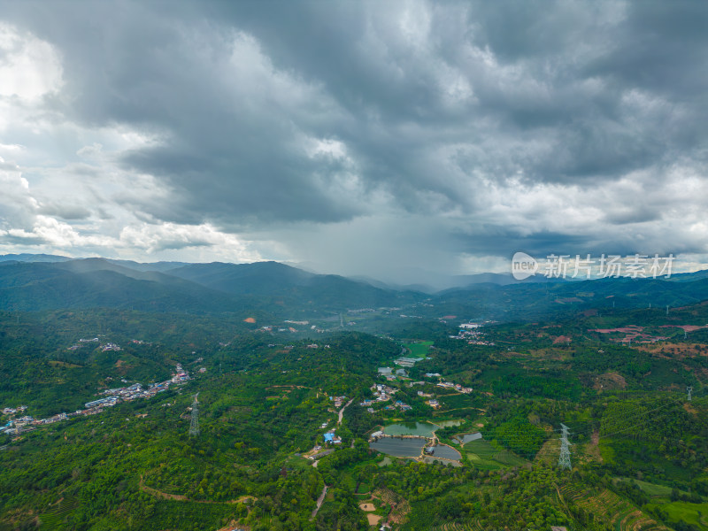 航拍天空高山农田田园村寨风光