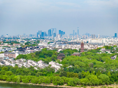 航拍苏州盘门景区中式园林建筑苏州古城