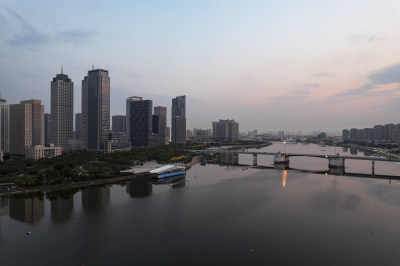 天津滨海海河响螺湾于家堡日出城市风光航拍