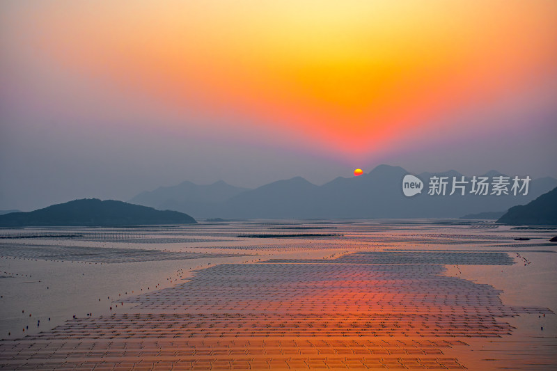 海上日出阳光渔家鱼排养殖