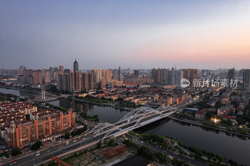 天津海河刘庄直沽桥日落城市建筑夜景航拍