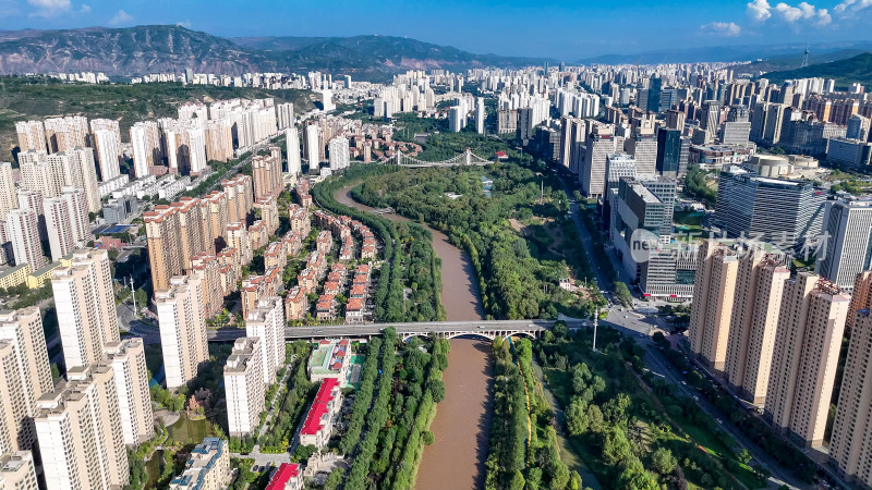 青海西宁湟水绿化植物城市风光航拍图