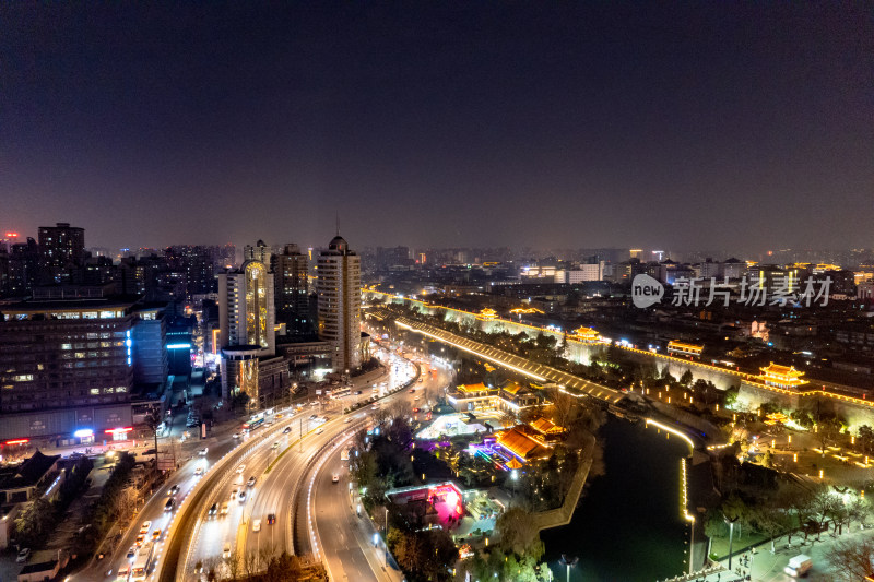 西安城墙永宁门夜景灯光航拍摄影图