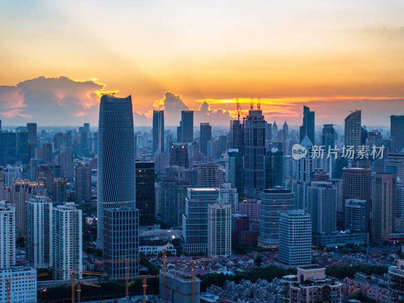 航拍上海浦西CBD高楼群夜景亮化