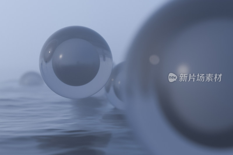 水面上漂浮的多个球体 三维渲染