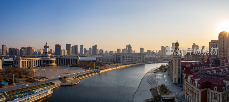 日出天津站海河津湾城市风景航拍