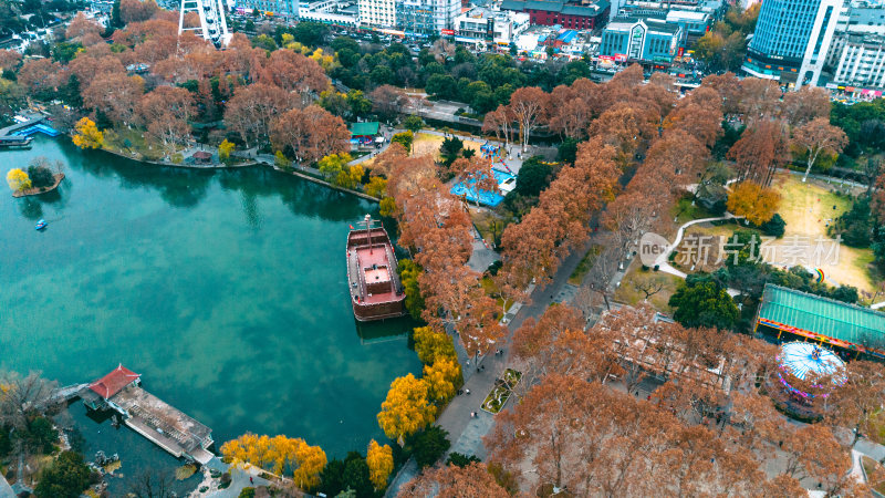 合肥古逍遥津公园城市公园湖泊秋景俯瞰