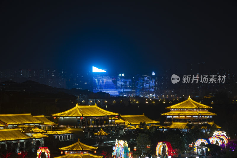 古建筑夜景与现代建筑灯光景观