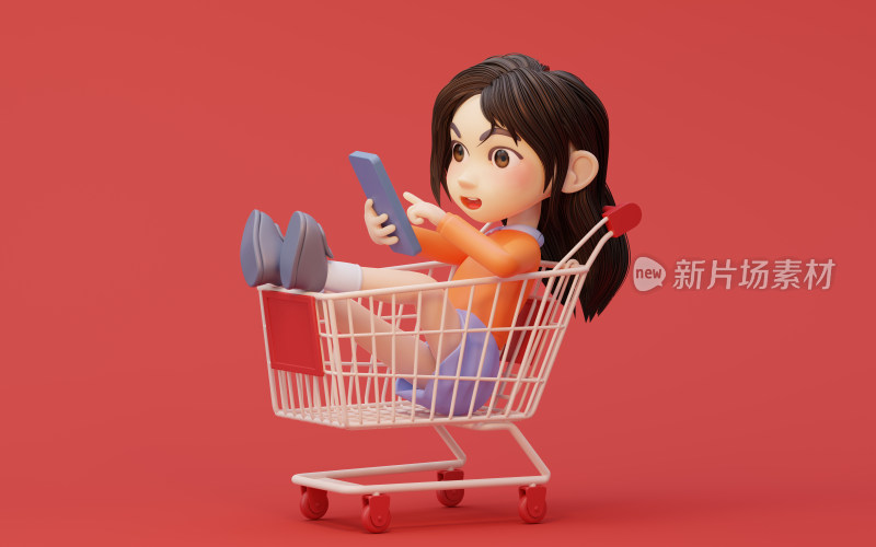 卡通女孩与购物主题3D渲染