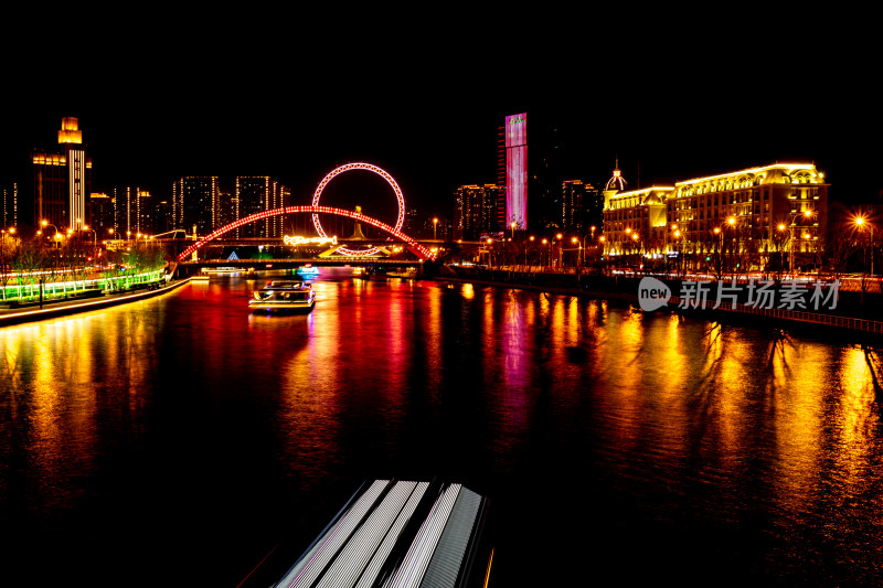 天津海河风情天津之眼摩天轮城市夜景风光