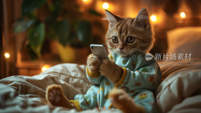 温馨夜晚穿着睡衣小猫咪手持手机的可爱瞬间