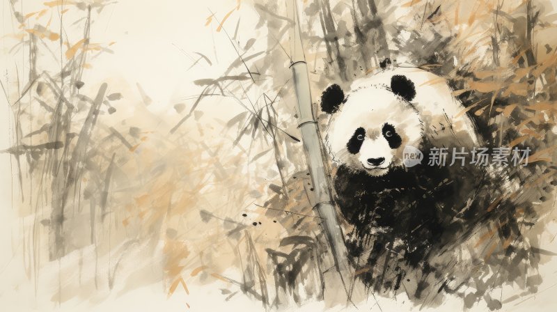 中国风水墨水彩大熊猫插画