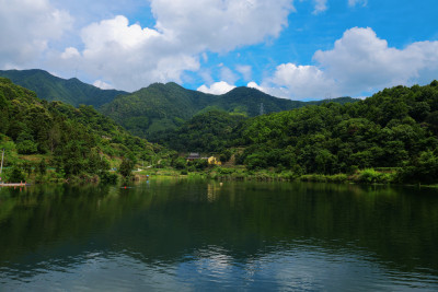 蓝天白云下的山与湖泊背景