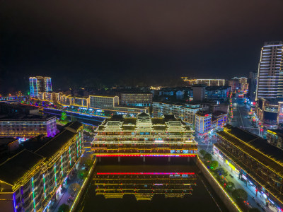 湖南怀化通道廊桥通道风雨桥夜景航拍