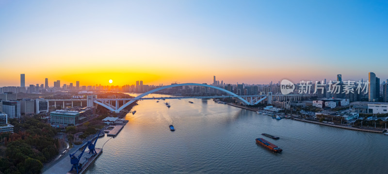 航拍上海卢浦大桥和黄浦江日落美景