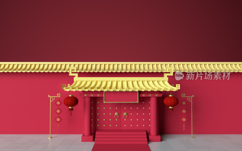 红色中国风宫墙与门 3D渲染