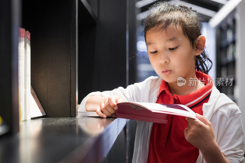 在图书馆认真读书的中国女孩